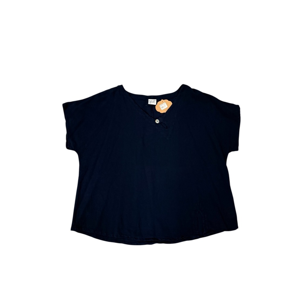 Oh My Gauze Blouse Womens 3 XL Navy Blue New Cotton Keyhole Button Top